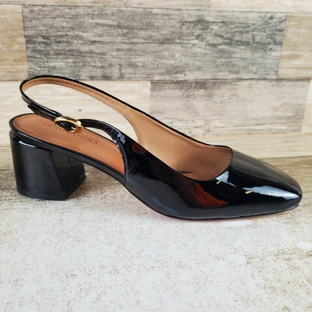 Bernardo Alexia Women Pump Sz 9.5 M Black Patent Slingback Square Toe Block Heel